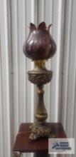 ABCO Rochester antique oil lamp with floral shade. 27-3/4 in. tall at top of shade