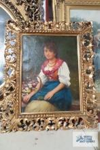 Oil on canvas painting, woman with flower basket. See pictures for artist name. Frame measures 19