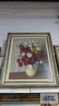 Oil on canvas, titled Floral by Rooy. Card on back marked W. J. Burger Co. Inc. original oil