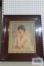 Antique portrait print under glass with mahogany frame. Frame measures 18 in. x 21 in.