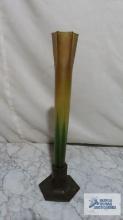 Favrile glass bud vase with metal base. marked Tiffany Studios, New York, number 712. glass is