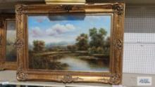creek scene oil on canvas. Certificate is on back. Frame measures 45 in. by 34 in.