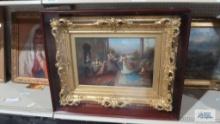 Adolf Wiesner painting with ornate gold frame under glass inside mahogany box. Mahogany frame