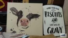 Cow motif wall hanging and mind your own biscuits and life will be gravy wall hanging