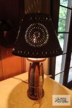 Thread spool lamp with punched tin shade