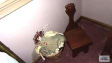 toddler chair, doll and wastebasket