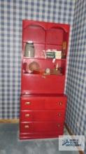 red painted desk/chest combination with open hutch