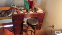 Knee hole desk with stool, stationary items, and etc
