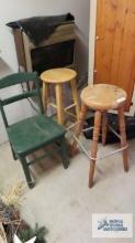 Two wooden stools and green painted chair