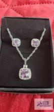 Silver colored with purple and clear gemstone necklace and earrings set