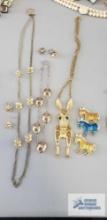 Costume jewelry necklace and earrings sets, donkey necklace and pins