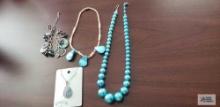 Teal color beaded necklace, shell necklace, and iridescent stone bracelet and necklace