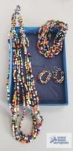 Colorful beaded bracelet, necklace, and earrings set