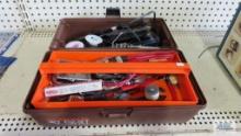 Toolbox with various tools including snap ring pliers, cutters, wrenches, soldering gun, needle nose