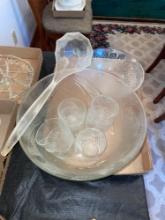 Glass Punch bowl w/ ladle & glass serving bowl