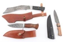 3 Fixed Blade Damascus Knives w/ Sheaths