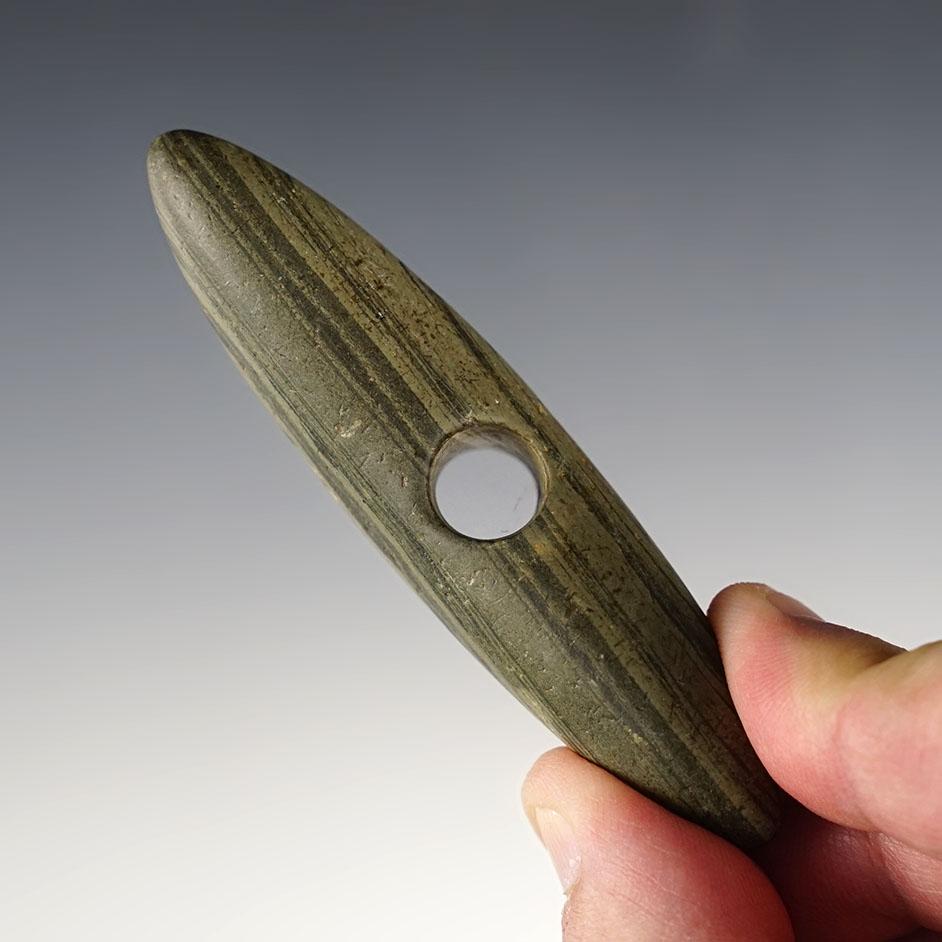 Well patinated 3 1/4" Banded Slate Pick Bannerstone found in Preble Co., Ohio.