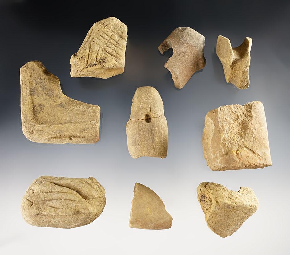 Set of 9 Sandstone Pipe fragments for study. Found in Kentucky and Indiana.