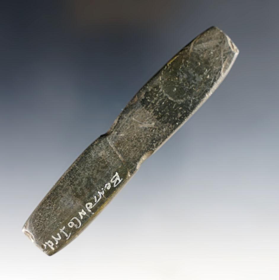 Unique 4 5/16" Grooved Bar Weight found in Benton Co., Indiana. Made from patinated slate.