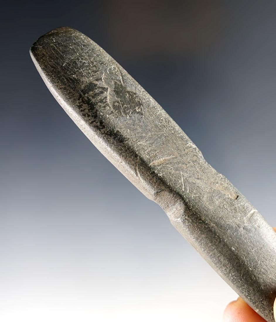 Unique 4 5/16" Grooved Bar Weight found in Benton Co., Indiana. Made from patinated slate.