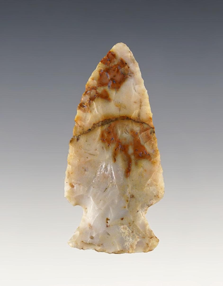2 1/4" highly colorful Hopewell - Flint Ridge Flint. Found in Knox Co., Ohio by Jack Hooks.
