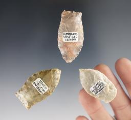Set of 3 nice Paleo Dart points found in the Kentucky/Indiana area. The largest is 1 11/16"