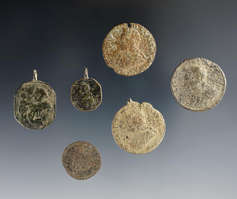Set of 6 religious trade medals, one rarer octagon. Townley Reed Site, Geneva, New York.