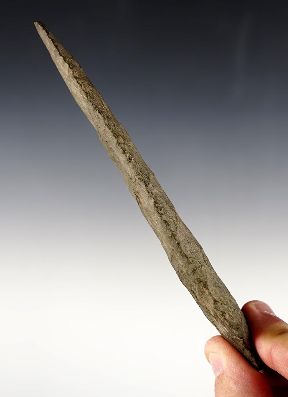 Heavily patinated 5 3/4" Stemmed Lanceolate made from dark grey Flint. Northeastern Indiana.