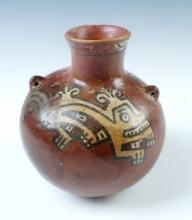 3 1/2" wide x 4 1/8" tall Huari Bottle with beautiful paint design. Recovered in S. America.