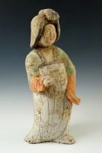 Large painted 14 1/2" Tang Dynasty female figure with original paint. Head glued back to body.