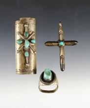 Set of 3 vintage jewelry items including a mens ring, 2 5/8" cross pendant and a lighter case