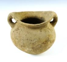 3 7/8" wide by 3 3/8" tall Handled Miniature Olla in solid condition.