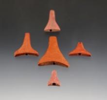Set of 5 red Slate and Catlinite Triangular Beads that are nicely styled. Recovered in New York.