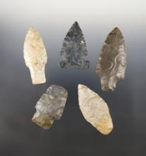 Set of 5 classic Ohio points including Adena and Big Sandy types. The largest is 2 15/16".