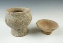 Pair of Pedestal Base Ban Chang Pottery Vessels. Recovered in Thailand. Largest is 4" tall.