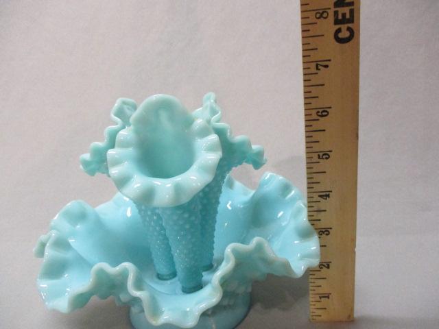 Vintage Fenton Turquoise Milk Glass Hobnail Epergne 6 1/2"