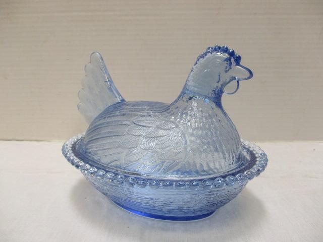 Blue Glass Hen on Nest