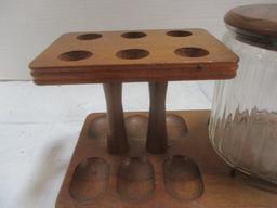 Wood Pipe Stand w/tobacco jar & 4 Pipes
