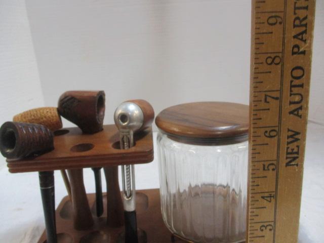Wood Pipe Stand w/tobacco jar & 4 Pipes