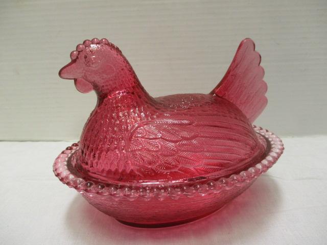 Red Glass Hen on Nest
