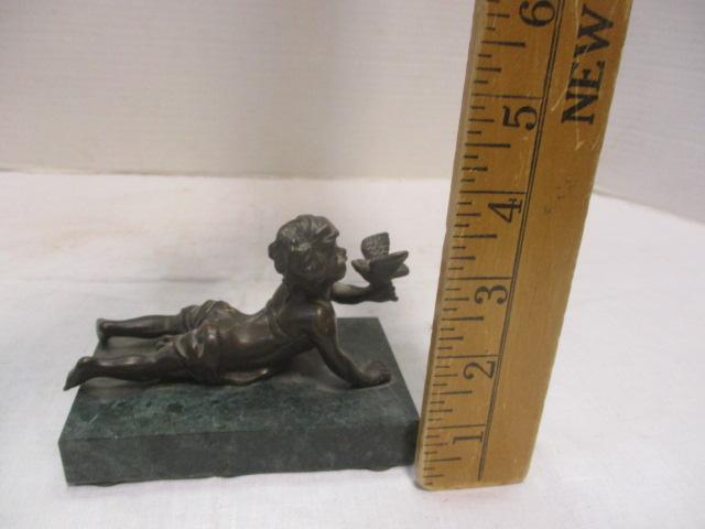 Bronze Child w/Bird Figurine on Marble Base