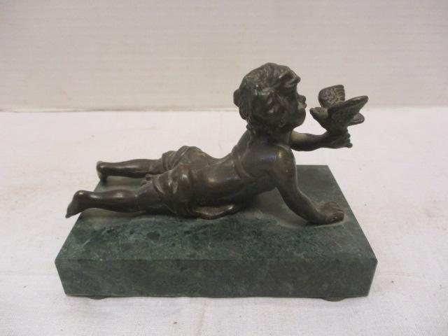 Bronze Child w/Bird Figurine on Marble Base