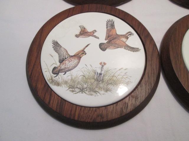 Four Vintage Hand Craft Solid Oak Trivets with Game Bird Tiles