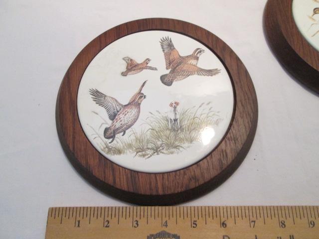 Four Vintage Hand Craft Solid Oak Trivets with Game Bird Tiles