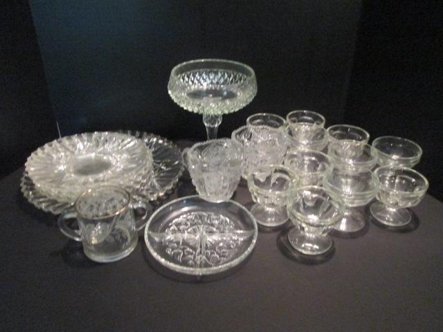 Glass Luncheon Plates, Sherbets, Diamond Point Compote, and More