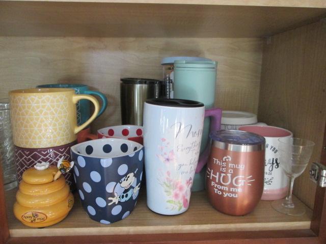 Cabinet Contents-Glassware, Serving Plate, Mugs, Travel Mugs, Bud Vase, Candle Holders, etc.