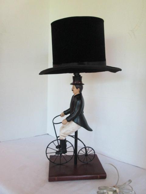 "Vintage Man on Bike" Table Lamp with Velvet Top Hat Shade