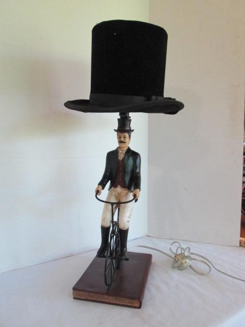 "Vintage Man on Bike" Table Lamp with Velvet Top Hat Shade