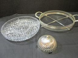 Vintage Silverplate & Glass 4 Section Serving Tray w/Covered Center