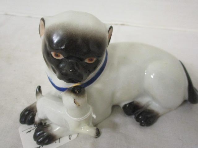 Pug Figure w/Puppy (6 x 3), Vintage Goebel Black Poodle 3", & Miniature Dog Figure 1"
